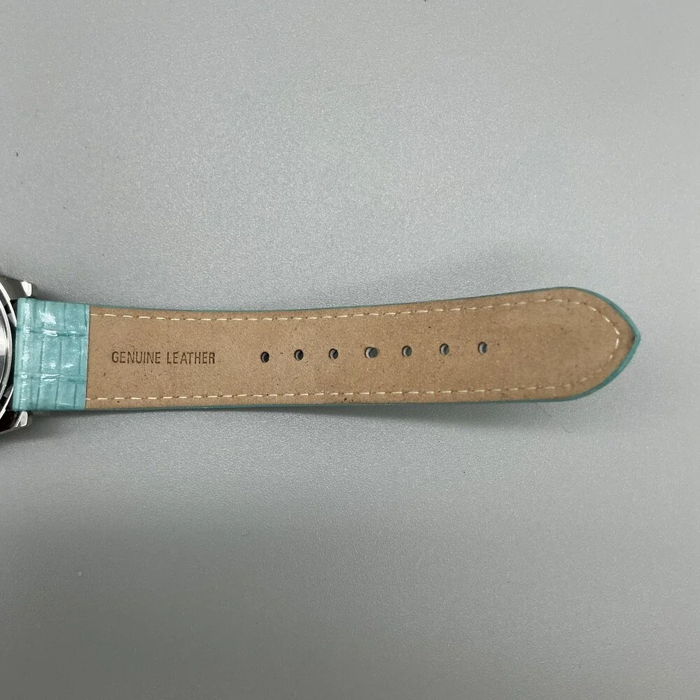 Victoria Wieck Womens Watch 42mm Silver Tone Aqua Leather Crystals New Battery